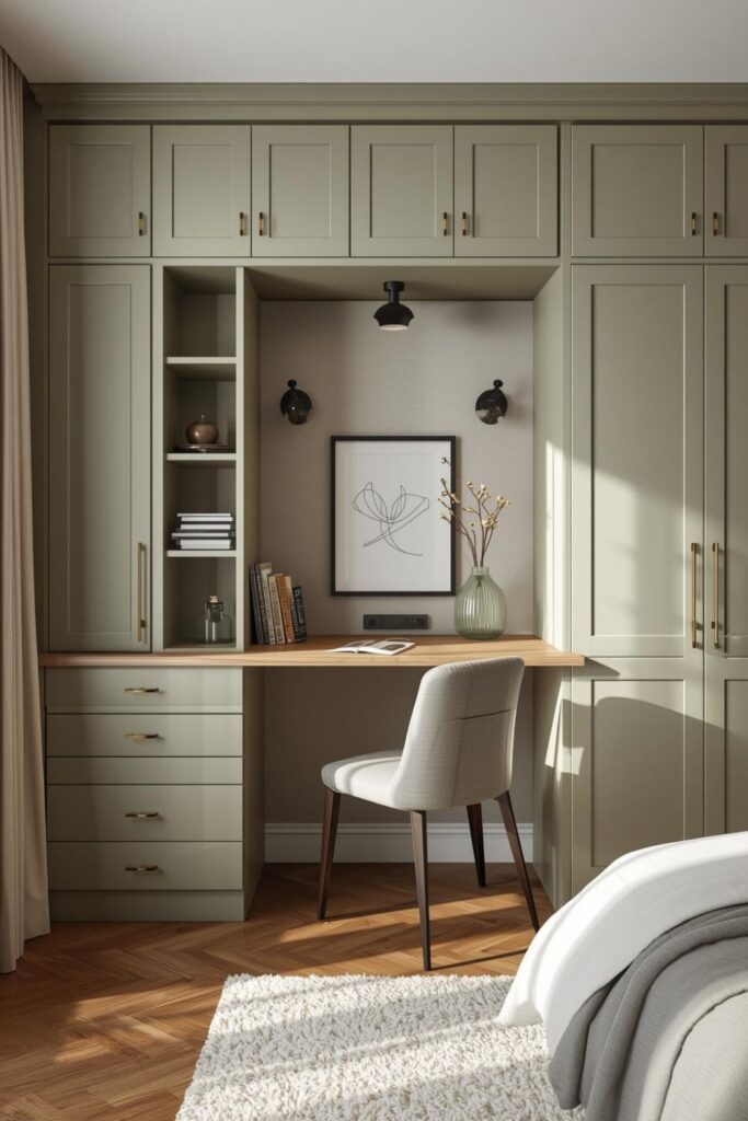 Soft Sage Cabinet Wall with Built-In Desk and Tall Wardrobe