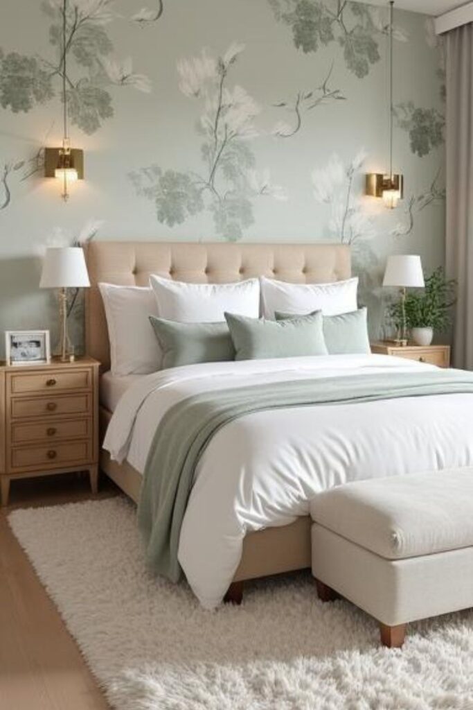 Soft Sage Wallpaper With Brass Swing-Arm Sconces