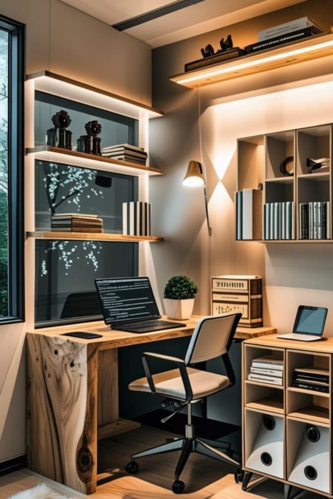 Soft Scandinavian Corner Desk With White Cabinets And Light Oak