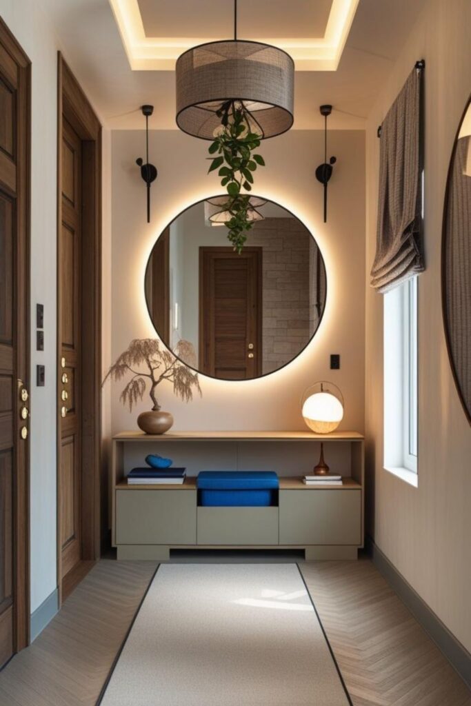 Soft Scandinavian Entry With Pale Wood Console And Round Mirror