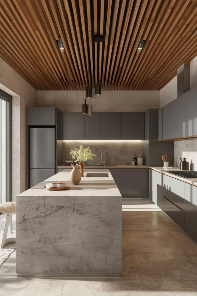 Sooty Gray Cabinets With Bright Wood Slat Ceiling Feature Lighting