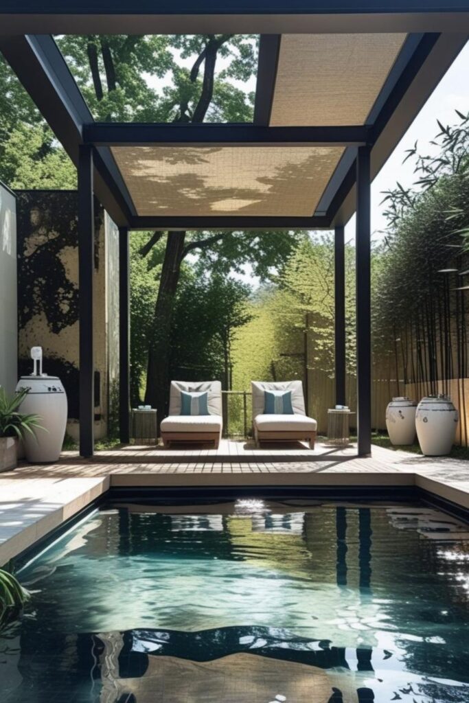 Spa-Neutral Pergola With Taupe Textiles and Stone Planters