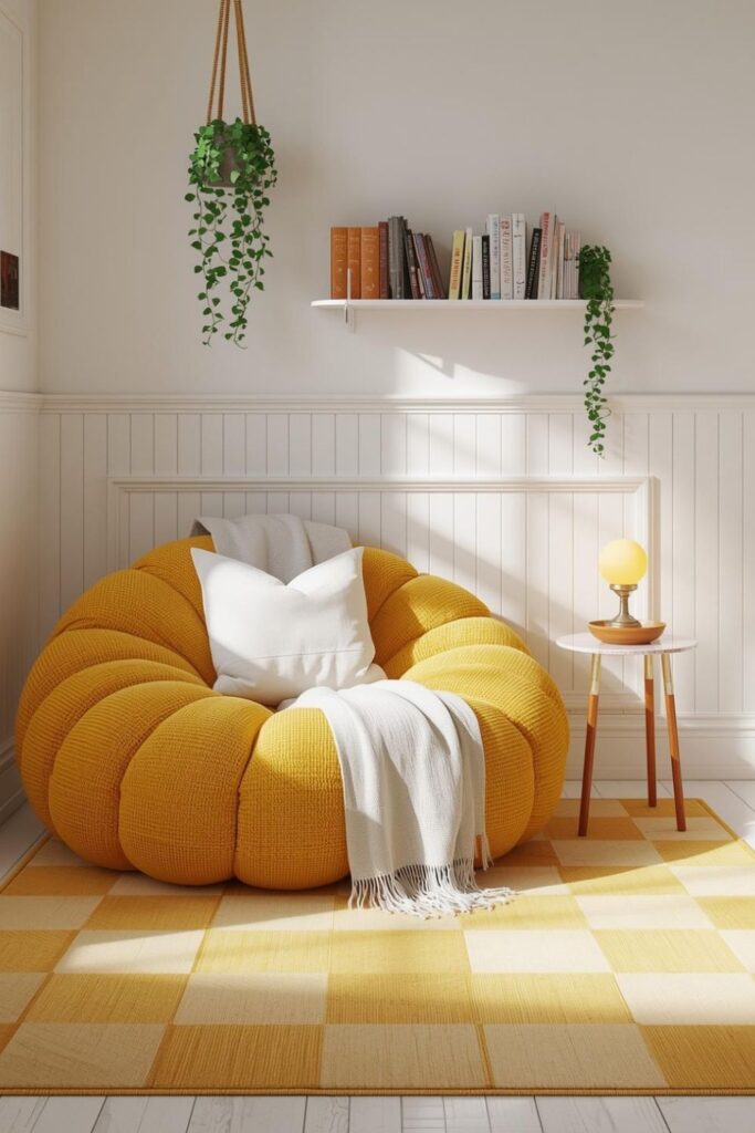 Sunflower Bouclé Floor Chair With Playful Checker Rug