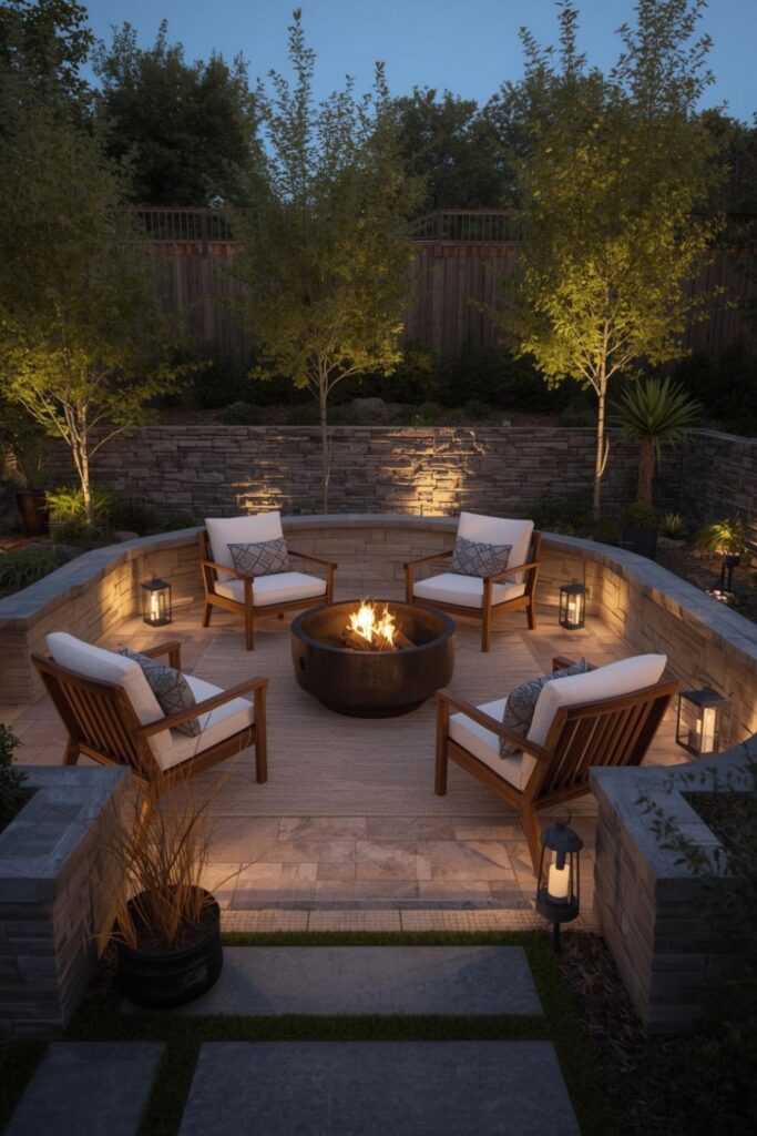Sunken Stone Lounge With кругл Steel Wood-Burning Bowl