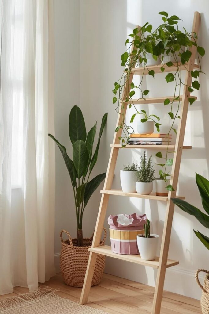 Sunlit Ladder Shelf Corner with Trailing Vines and White Pots