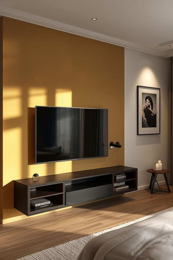 Sunlit Mustard TV Unit With Dark Teak and Graphic Art