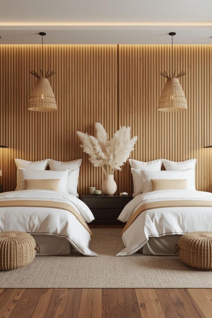 Symmetrical Twin Beds with Oak Slat Wall and Baskets