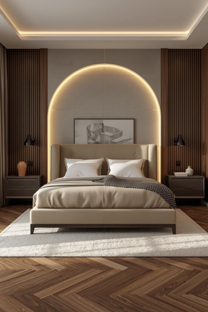 Tailored Beige Wingback Bed with Halo Curved LED Wall