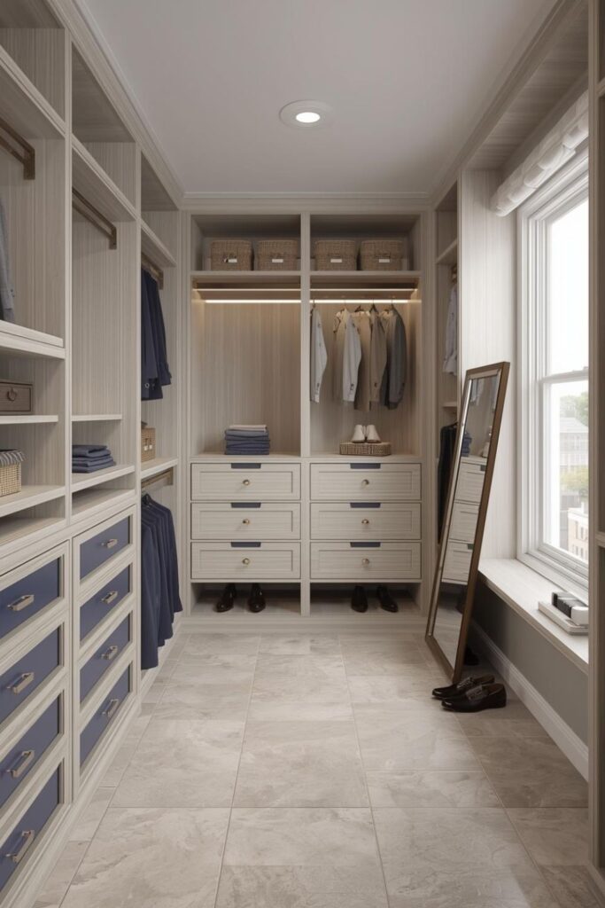 Teak Built-In Closet with Center Island and Sage Drawers