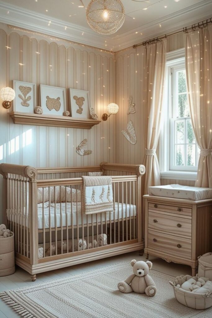 Teal Pastel Nursery With Classic Crib and Brass Picture Ledge