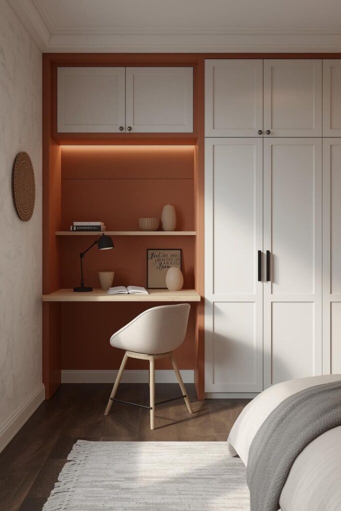 Terracotta Accent Niche with Built-In Desk and Wardrobe Tower