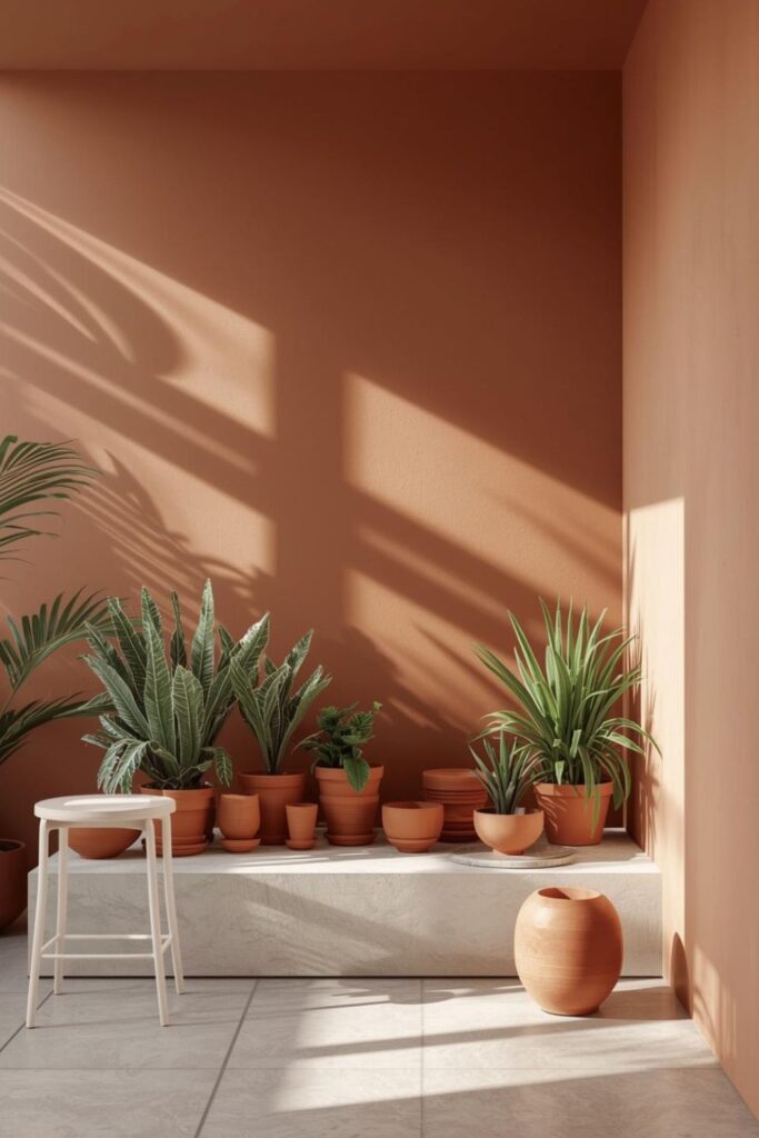 Terracotta Color-Drenched Plant Room with Clay Pots and Limewash Walls