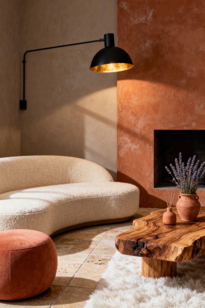 Terracotta Microcement Feature With Cream Curved Daybed Sofa