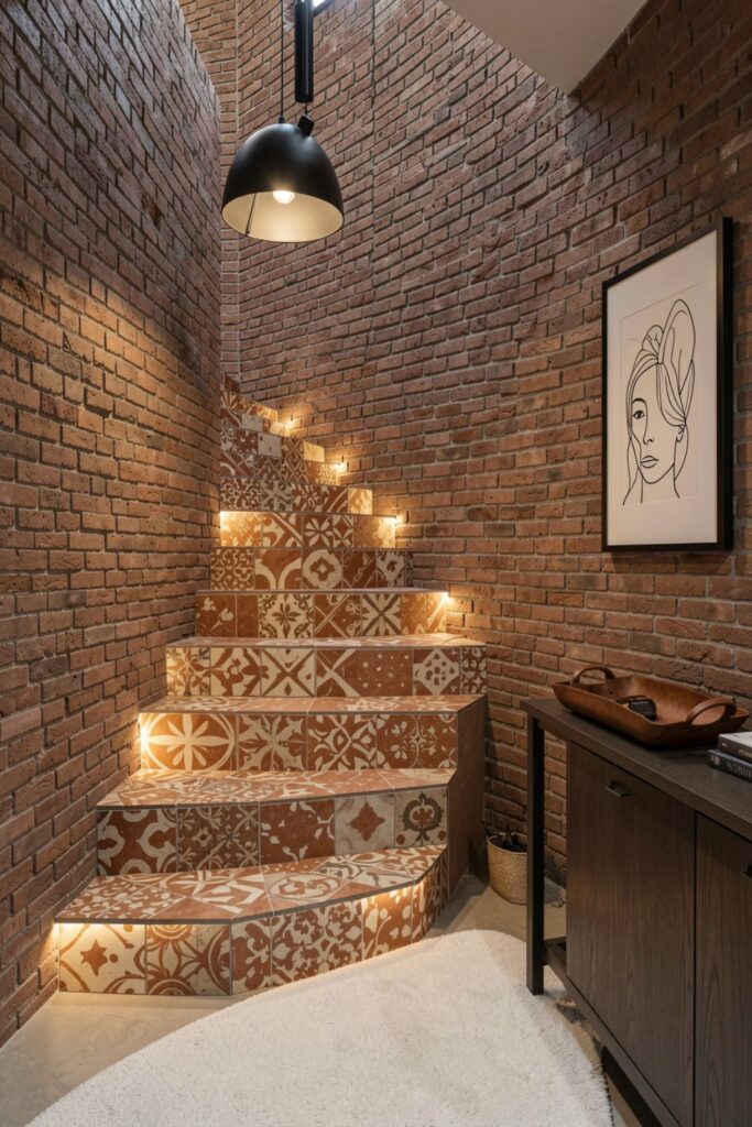 Terracotta-Quartz Patterned Tiles with Blackened Iron Balusters