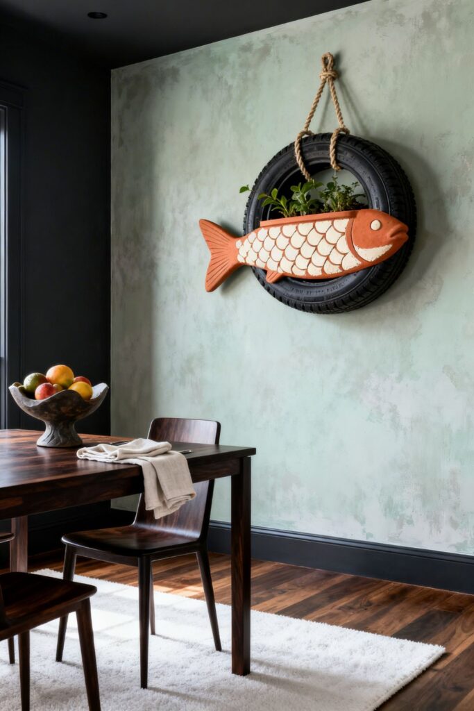Terracotta and Cream Tire Fish Planter for Warm Dining Nook