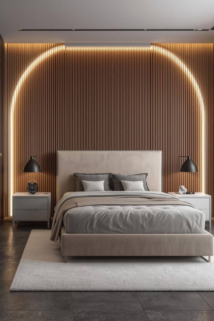 Tufted Upholstered Bed with Fluted Walnut Curved LED Panels