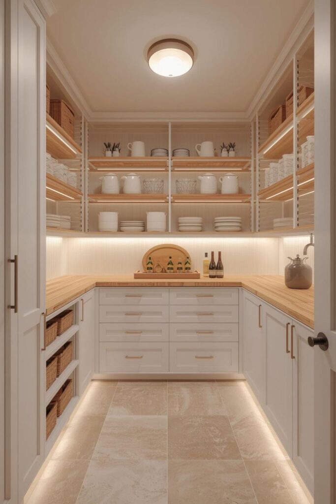 U-Shaped Larder with Butcher-Block Counter and Open Baskets