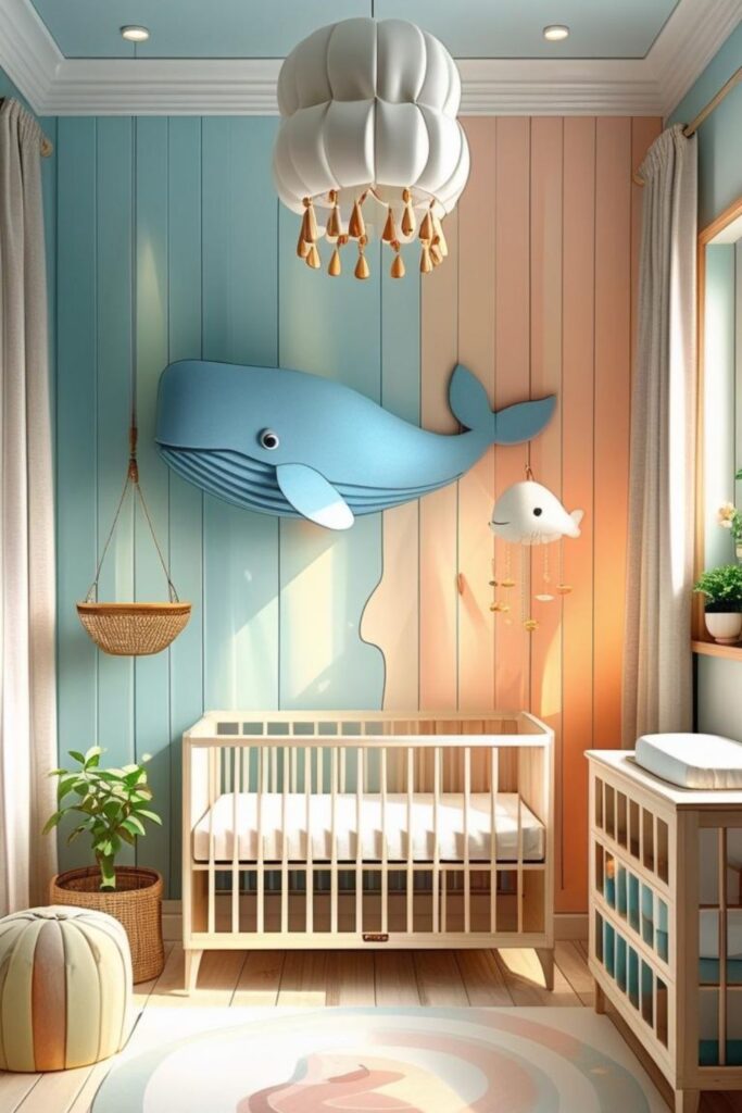 Under-the-Sea Nursery With Seafoam Walls and Whale Wall Art