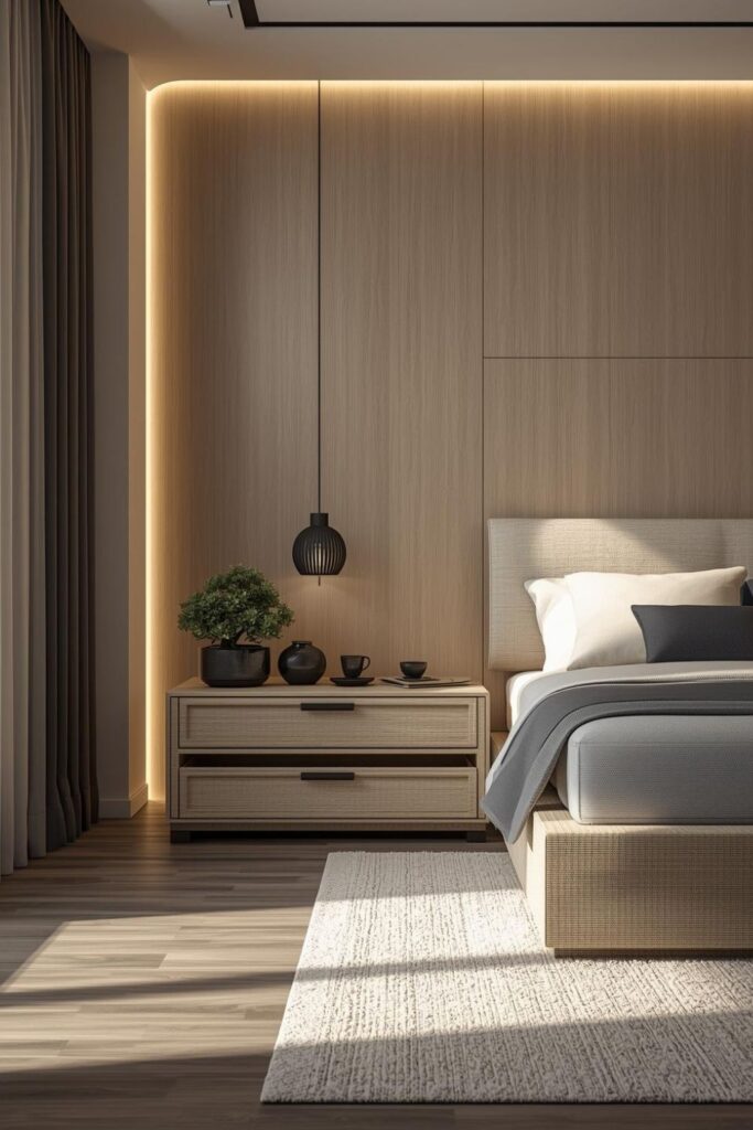 Upholstered Storage Bed with Japandi Curved LED Oak Wall