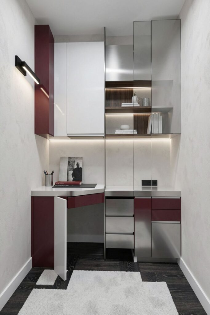 Upscale Small Home Office Niche with Lacquer Desk and Cabinet Wall