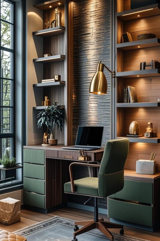 Walnut And Cream Library Wall With Ladder Shelving And Desk