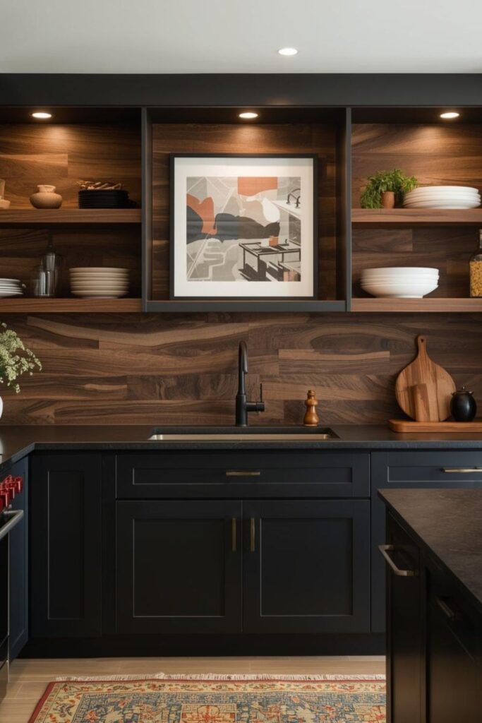 Walnut Backsplash With Matte Black Base And Warm Brass Glow
