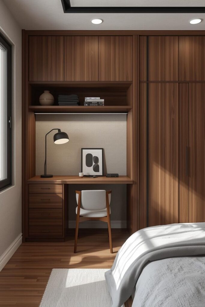 Walnut Built-In Desk Wall with Sliding Wardrobe Doors