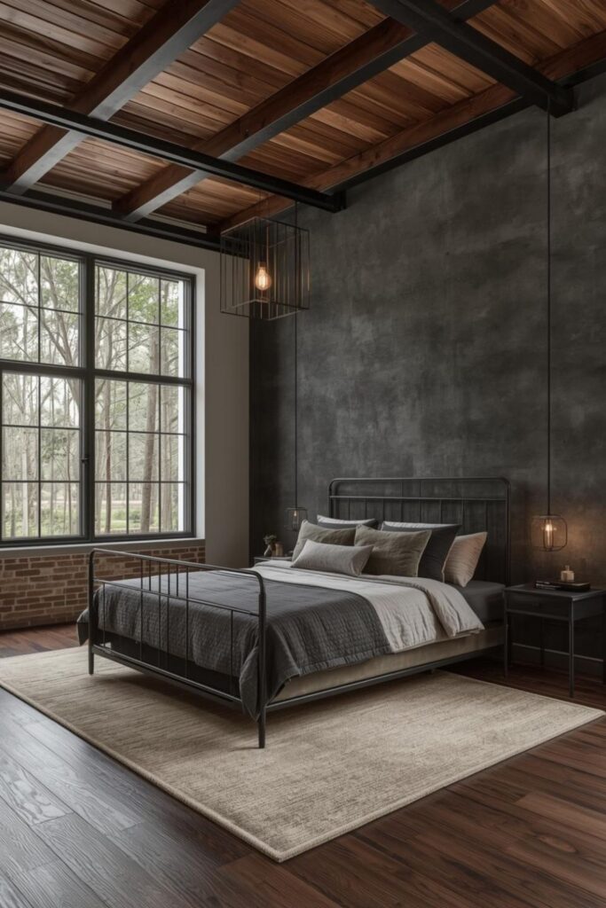 Walnut Ceiling Slats With Charcoal Plaster Feature Wall
