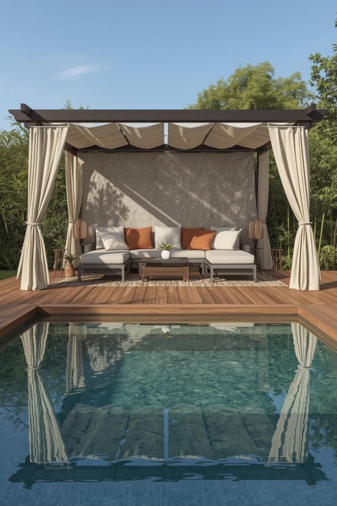 Walnut Deck With Linen Canopy and Soft Camel Cushions