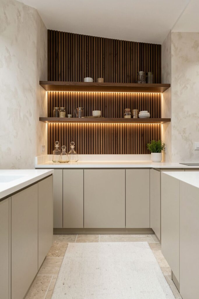 Walnut Slat Feature Wall with Backlit Open Shelves