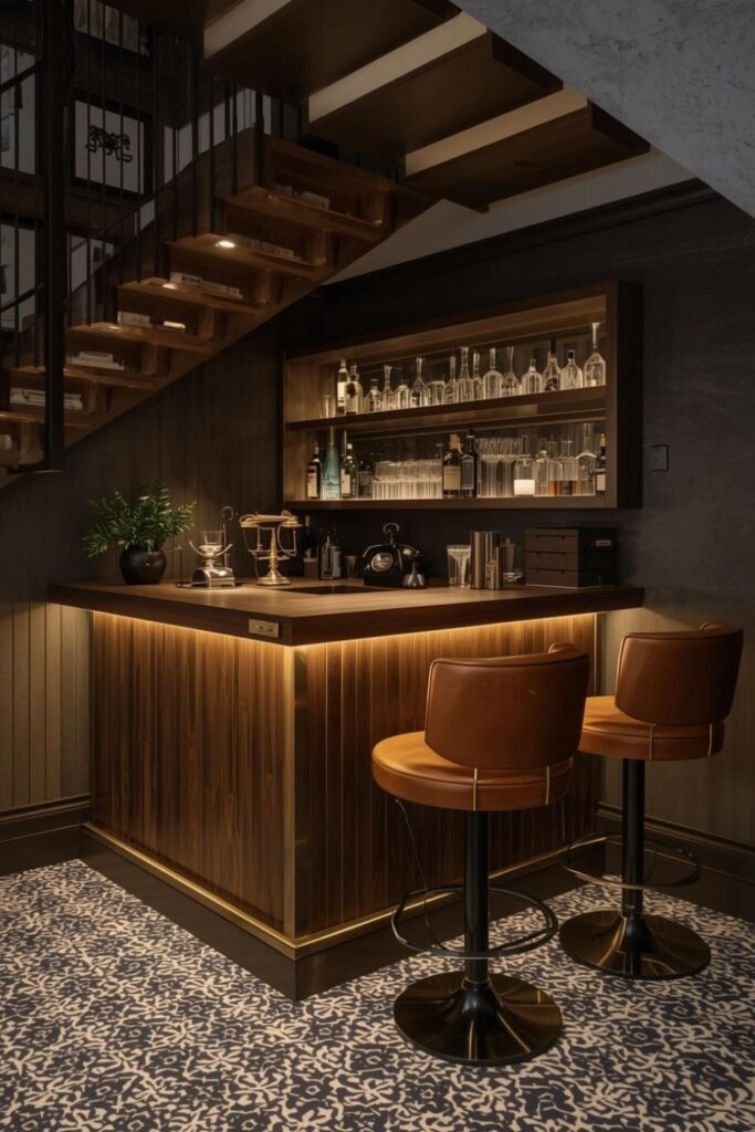 Walnut and Brass L-Shaped Under-Stairs Bar Nook