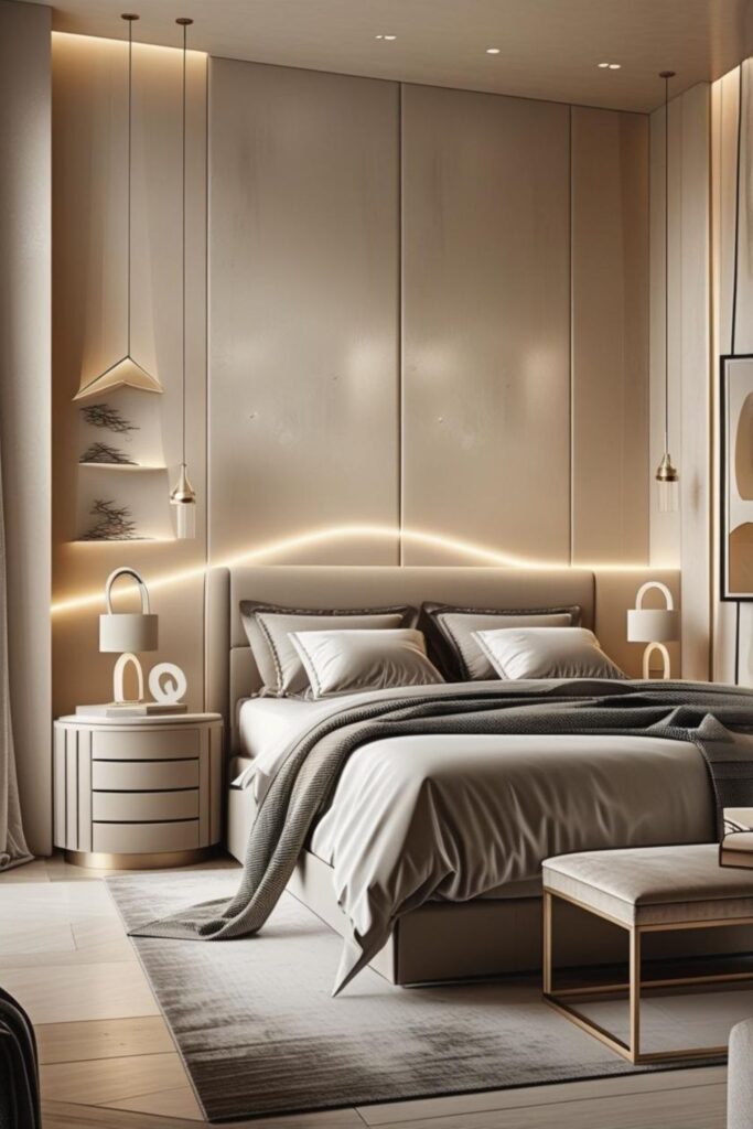 Warm Beige Slatted Wood Feature Wall With Backlit LEDs