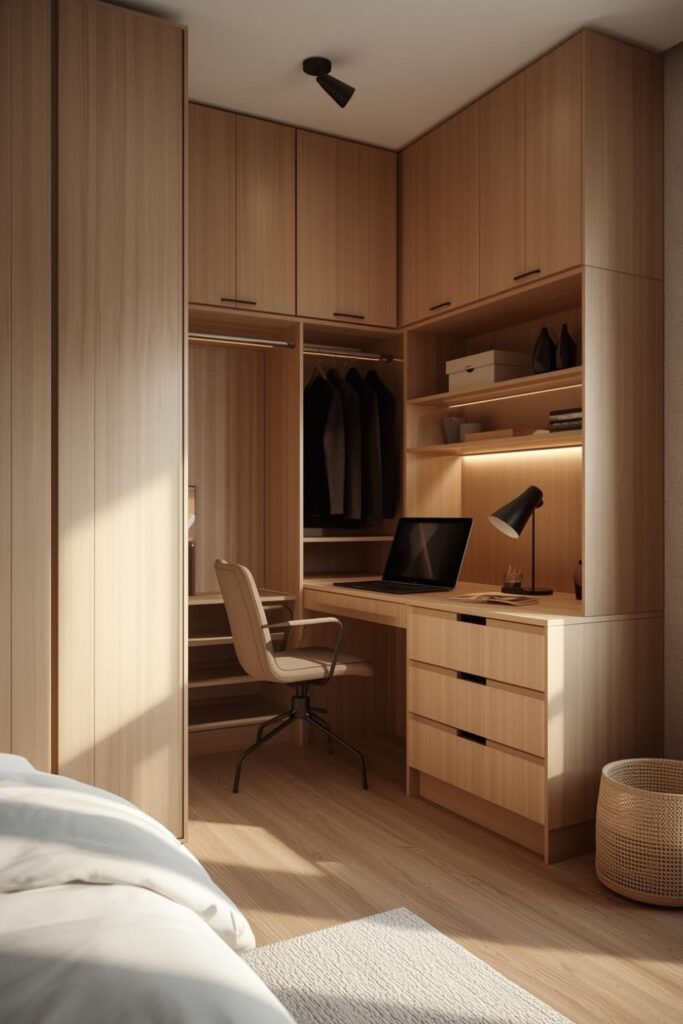 Warm Greige Built-In Wardrobe with Corner Desk Planning