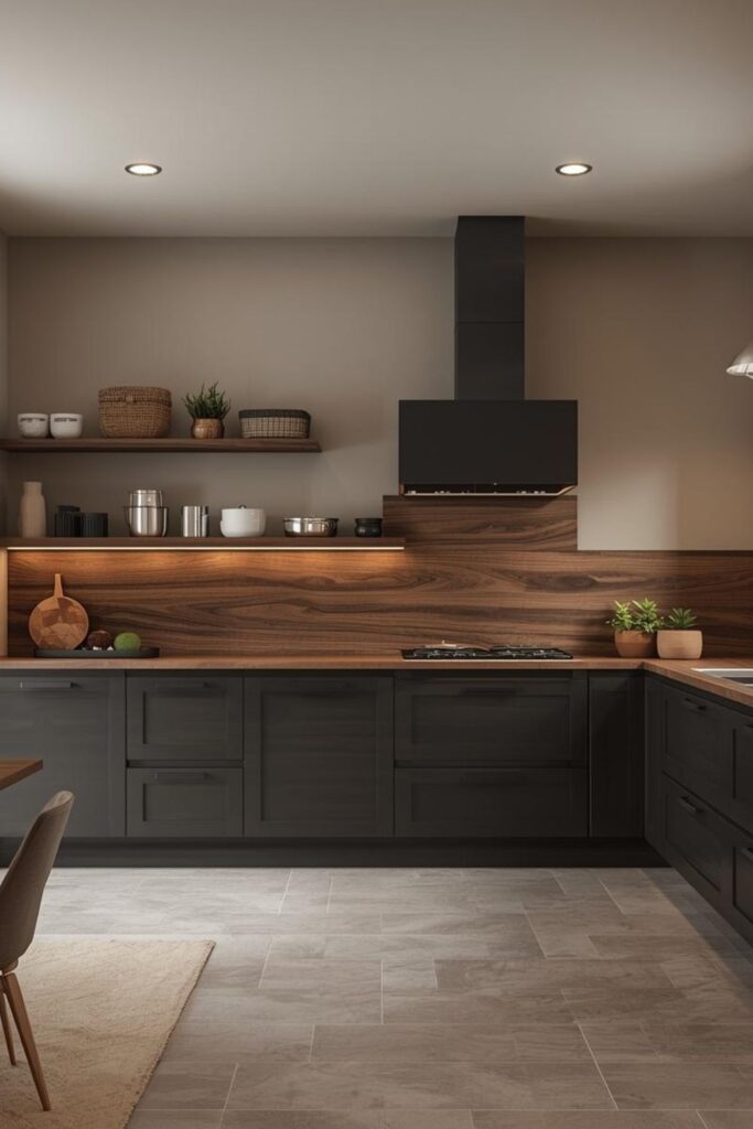 Warm Neutral Wall Paint With Walnut Backsplash And Black Base