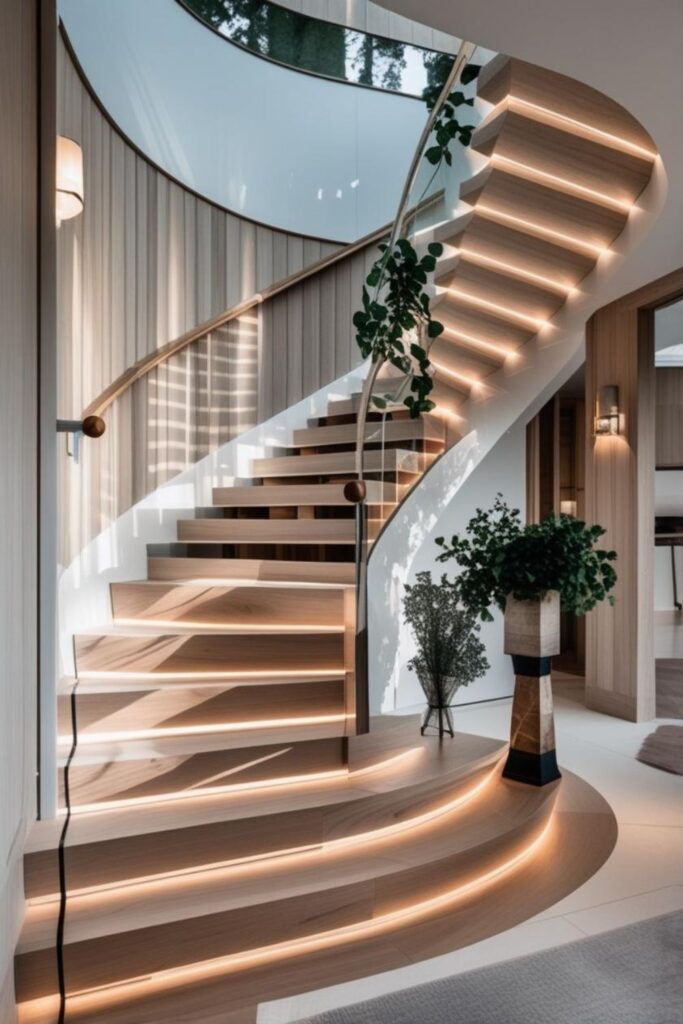 Warm Sandstone-Look Tiles with Curved Plaster Stairwell