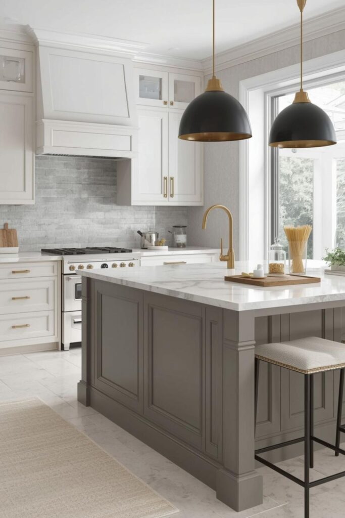 Warm Transitional Kitchen With Grey Island and Brass Glow 