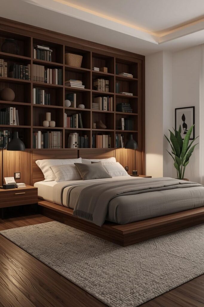 Warm Walnut Bookcase Behind Bed for Boutique-Hotel Storage