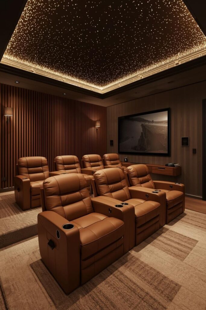 Warm Walnut Theater With Cognac Recliners And Star Glow