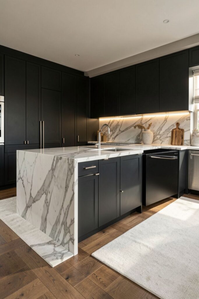 Waterfall Marble Island with Hidden Linear LED Drama