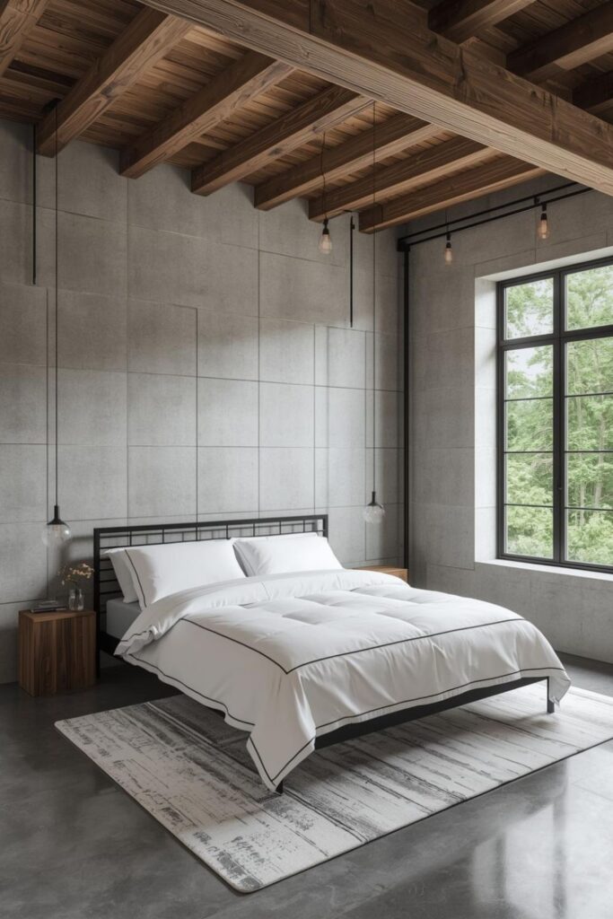Weathered Oak Beams With Concrete Panels and Crisp White Bedding