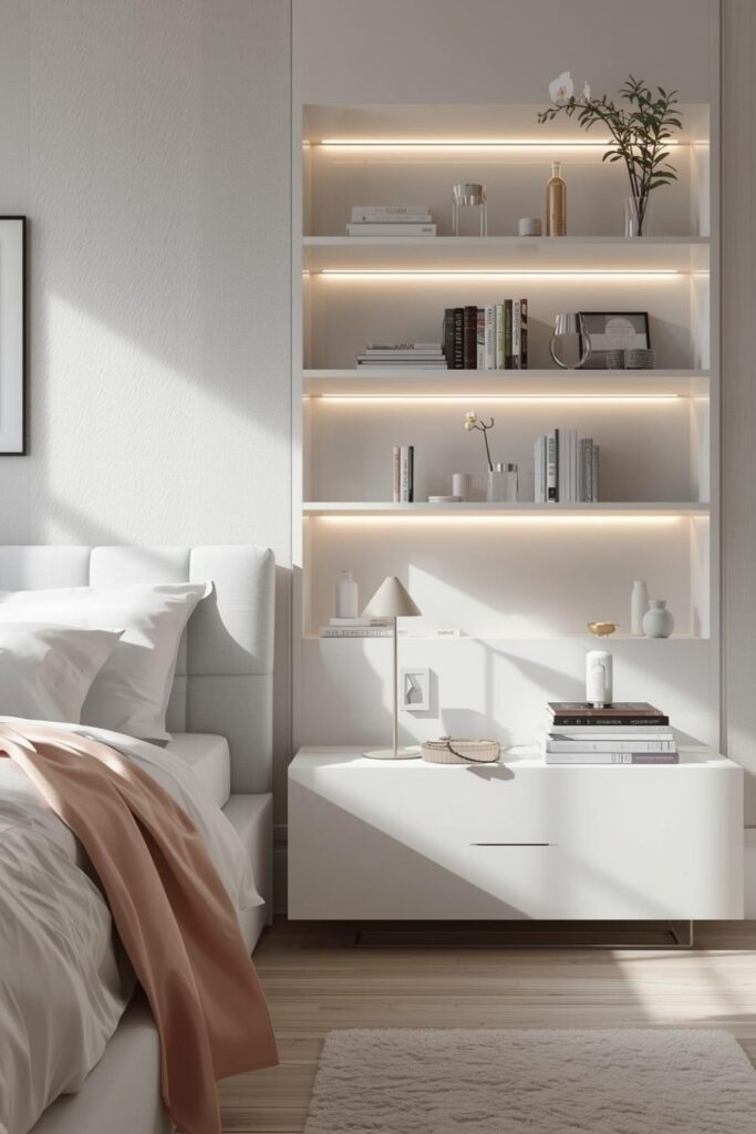 White Lacquer Shelving with LED Strip for Clean Modern Glow