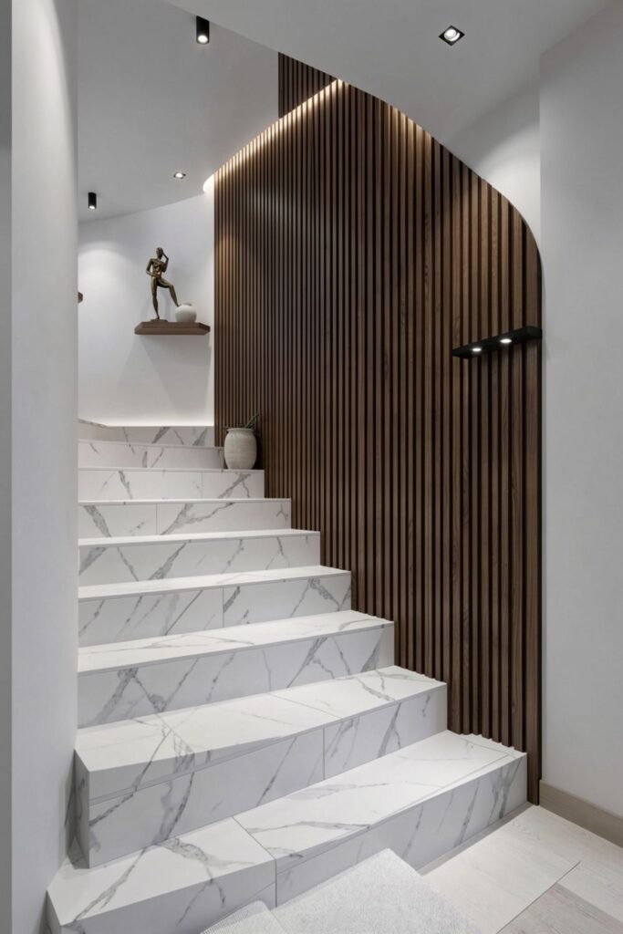 White Marble-Look Stair Tiles with Walnut Slat Feature Wall