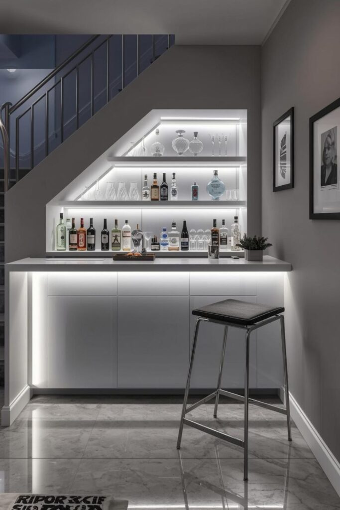 White and Chrome Under-Stairs Bar with Quartz Surface