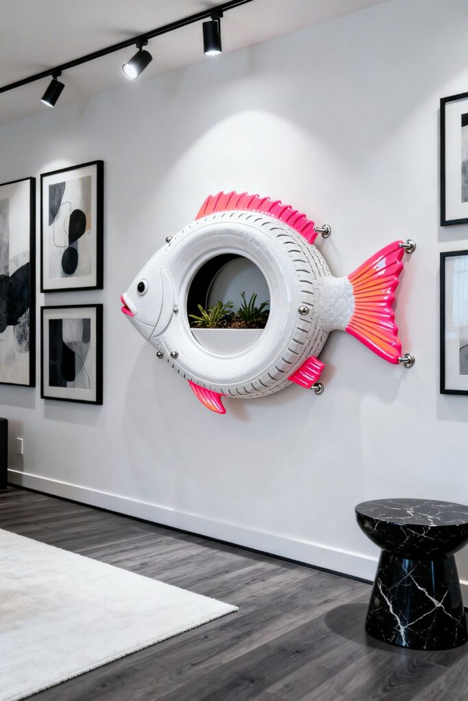 White and Neon Coral Tire Fish Planter for Bold Gallery Wall