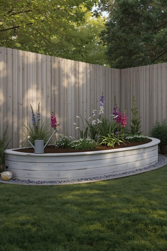Whitewashed Curved Bed With Cottage Perennial Layers