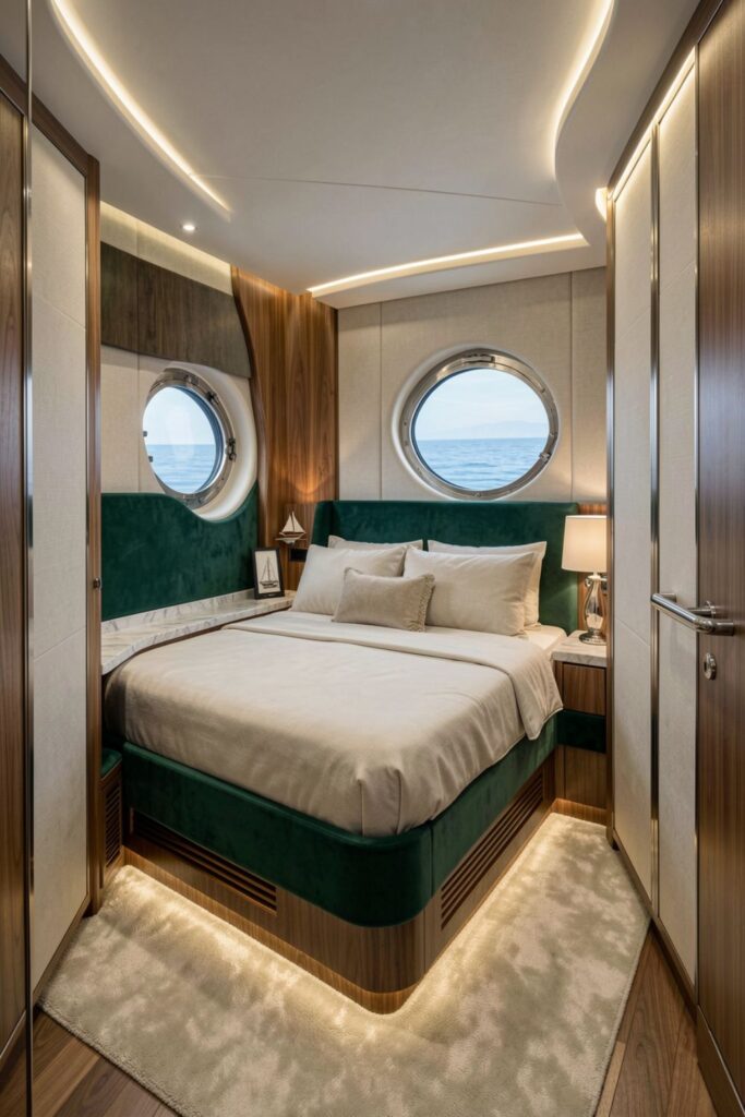 Aft Owner’s Cabin With Emerald Velvet and Marble Night Ledge