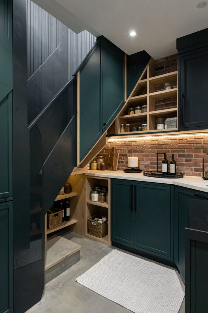 Angled Under-Stairs Pantry With Built-In Wine and Dry Goods