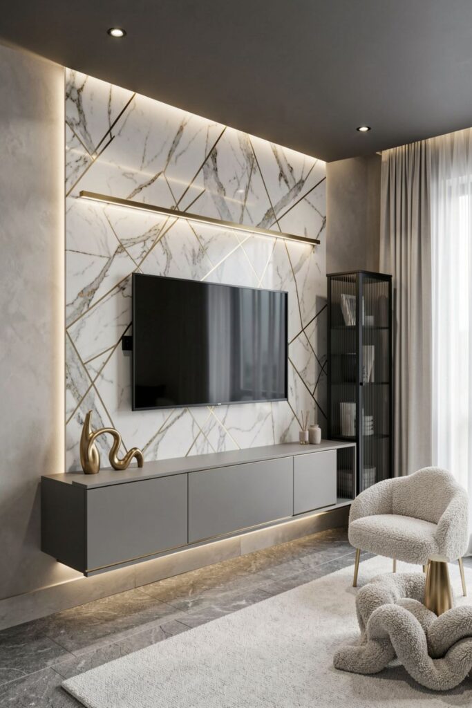 Arabescato Marble TV Wall with Gold Inlay Geometric Grid