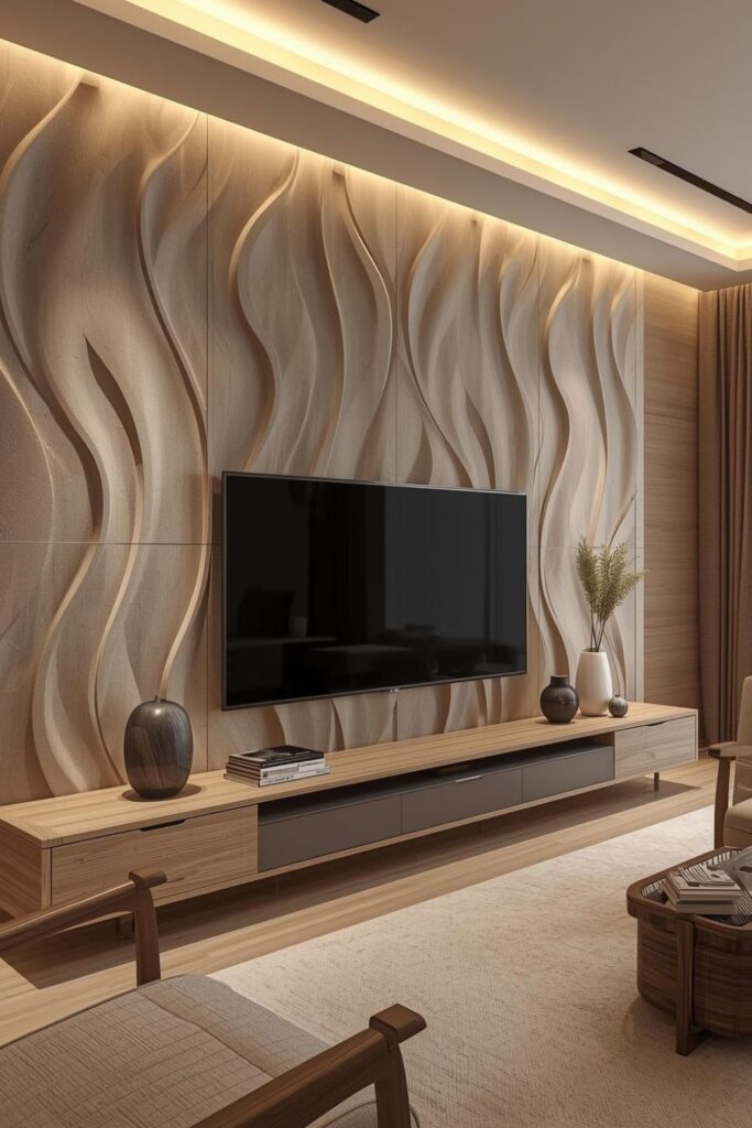 Architectural Wave Wall Panel Media Wall for a Modern Luxury Living Room