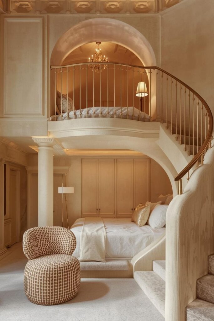 Architectural heart loft bed with gold balustrade and creamy textures